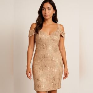 ENFOCUS PETITE‎ Gold Sequin Cold Shoulder Party Dress Size 4P